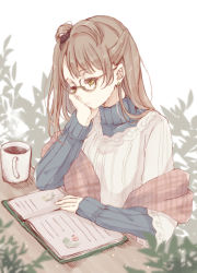 Rule 34 | 10s, 1girl, bad id, bad pixiv id, bespectacled, book, brown hair, cup, earrings, eyelashes, glasses, hand on own cheek, hand on own face, head rest, highres, jewelry, kashiwagi tsukiko, long hair, love live!, love live! school idol festival, love live! school idol project, minami kotori, mug, one side up, open book, reading, side ponytail, solo, sweater, turtleneck, yellow eyes