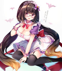 Rule 34 | 1girl, :d, alternate costume, bad id, bad pixiv id, black hair, black thighhighs, blush, bow, bowtie, breasts, brown hair, cleavage, commentary request, detached collar, dress, enmaided, fate/grand order, fate (series), frilled dress, frills, garter straps, glasses, gradient hair, hair bow, hand on own chest, hand up, highres, lace trim, large breasts, long hair, looking at viewer, maid, maid headdress, masayo (gin no ame), multicolored hair, open mouth, osakabehime (fate), pink footwear, puffy short sleeves, puffy sleeves, purple dress, red-framed eyewear, red eyes, red ribbon, ribbon, shoes, short sleeves, smile, solo, thighhighs, underbust, very long hair, wrist cuffs, zettai ryouiki