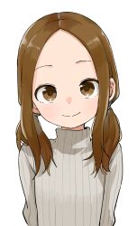 Rule 34 | 1girl, absurdres, alternate hairstyle, brown eyes, brown hair, closed mouth, commentary request, forehead, highres, karakai jouzu no takagi-san, long sleeves, looking at viewer, low twintails, medium hair, ribbed sweater, simple background, smile, solo, sweater, takagi-san, turtleneck, turtleneck sweater, twintails, upper body, white background, white sweater, yamamoto souichirou