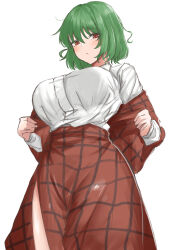 Rule 34 | 1girl, absurdres, blush, breasts, closed mouth, clothing cutout, collared shirt, commentary request, cowboy shot, expressionless, from below, green hair, grey hair, hair between eyes, highres, jacket, jacket partially removed, kazami yuuka, kuraki, large breasts, long skirt, long sleeves, looking at viewer, plaid, plaid jacket, plaid skirt, red eyes, shirt, simple background, skirt, solo, standing, touhou, white background, white shirt