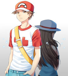 Rule 34 | 1boy, 1girl, back-to-back, backpack, bag, blue shirt, brown eyes, brown hair, closed mouth, commentary request, creatures (company), game freak, gradient background, grey background, hands in pockets, hat, leaf (pokemon), long hair, nintendo, pants, pokemon, pokemon frlg, pokemon sm, print shirt, red (pokemon), red headwear, scbstella, shirt, short hair, short sleeves, sleeveless, sleeveless shirt, t-shirt, white headwear, wristband, yellow bag