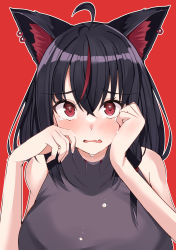 Rule 34 | 1girl, ahoge, animal ears, black hair, blush, breasts, crying, crying with eyes open, earrings, fox ears, highres, hololive, jewelry, kurokami fubuki, large breasts, looking at viewer, mi taro333, multicolored hair, parted lips, red background, red eyes, red hair, shirt, simple background, sleeveless, sleeveless shirt, solo, streaked hair, tears, virtual youtuber