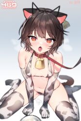 Rule 34 | 1girl, animal collar, animal ears, animal print, artist name, bdsm, bell, bikini, blush, bowl, breasts, brown hair, cat ears, cat girl, cat tail, collar, commission, cow print, cow print bikini, cow print gloves, cow print thighhighs, cowbell, ear tag, elbow gloves, fake animal ears, fang, female focus, gloves, hairband, heavy breathing, highres, leash, navel, neck bell, open mouth, original, pet bowl, pet play, print bikini, print gloves, print thighhighs, prunechi, red eyes, short hair, sitting, skin fang, slave, small breasts, solo, suggestive fluid, sweat, swimsuit, tail, thighhighs, tongue, tongue out, user awvp4237, wariza