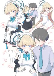 Rule 34 | !?, 1boy, 1girl, absurdres, alternate costume, apron, big belly, blonde hair, blue archive, blue eyes, blue halo, blue necktie, breasts, commentary request, frilled apron, frills, hakaseani12, halo, heart, highres, long hair, maid, maid apron, maid headdress, multiple views, necktie, pregnant, sensei (blue archive), spoken heart, toki (blue archive), waist apron, white apron