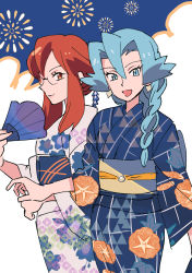 Rule 34 | 2girls, alternate costume, alternate hairstyle, blue eyes, blue hair, braid, brown hair, clair (pokemon), closed mouth, commentary request, creatures (company), earrings, eyelashes, floral print, game freak, glasses, gym leader, hair between eyes, highres, holding, japanese clothes, jewelry, kimono, long hair, looking at viewer, lorelei (pokemon), multiple girls, nibo (att 130), nintendo, open mouth, pokemon, pokemon frlg, pokemon hgss, sash, sidelocks, single braid, smile