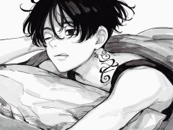 Rule 34 | 1boy, :q, absurdres, blanket, empty eyes, greyscale, highres, looking away, male focus, messy hair, monochrome, neck tattoo, one eye closed, pillow, pizza oisii6, sano manjirou, short hair, simple background, sleepy, sleeveless, solo, tank top, tattoo, tokyo revengers, tongue, tongue out, upper body
