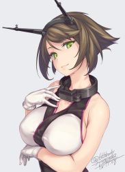 Rule 34 | 10s, 1girl, artist name, bare shoulders, blue background, breasts, brown hair, cleavage, dated, covered erect nipples, gloves, green eyes, hand on own chest, headgear, kantai collection, large breasts, looking at viewer, mutsu (kancolle), rokuwata tomoe, short hair, sideboob, simple background, smile, solo, twitter username, white gloves