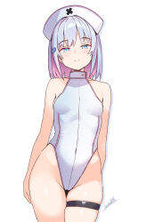 1girl batta_16-sei breasts character_request colored_inner_hair grey_eyes hat heattech_leotard highleg highleg_leotard highres leotard multicolored_hair nurse_cap pink_hair simple_background sleeveless_turtleneck_leotard small_breasts smile solo standing thigh_gap turtleneck white_background white_hair white_leotard