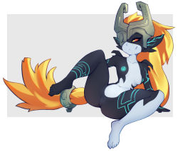 Rule 34 | 1girl, arm tattoo, black skin, breasts, cerf, colored sclera, colored skin, fang, full body, glowing markings, helmet, highres, leg tattoo, long hair, long pointy ears, medium breasts, midna, multicolored skin, navel, neon trim, nintendo, nipples, one eye covered, orange hair, pointy ears, ponytail, presenting, pussy, single fang, smile, solo, tattoo, the legend of zelda, the legend of zelda: twilight princess, two-tone skin, uncensored, yellow sclera
