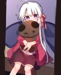 Rule 34 | 1girl, absurdres, ahoge, ayachi nene, blush, casual, commentary, covering own mouth, eyes visible through hair, hair between eyes, hair ribbon, head tilt, highres, holding, holding stuffed toy, hugging object, indoors, jacket, long hair, looking at viewer, mikansaikou831, official alternate costume, on bed, open clothes, open jacket, own hands together, purple eyes, red jacket, red ribbon, ribbon, sanoba witch, shy, sitting, sketch, solo, straight hair, stuffed animal, stuffed toy, translated, very long hair, white hair