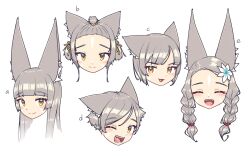 Rule 34 | 1girl, :d, ^ ^, alten, alternate hairstyle, animal ear fluff, animal ears, blush, braid, brown eyes, closed eyes, commentary, english commentary, facial mark, fangs, flower, forehead, grey hair, hair flower, hair ornament, head only, highres, long hair, multiple views, nia (xenoblade), open mouth, parted bangs, short hair, simple background, smile, topknot, twin braids, twintails, white background, white flower, xenoblade chronicles (series), xenoblade chronicles 2