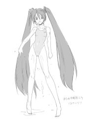 Rule 34 | 1girl, barefoot, competition swimsuit, flat chest, greyscale, hatsune miku, highleg, highleg swimsuit, legs, long hair, microphone, monochrome, onaya masakazu, one-piece swimsuit, smile, solo, swimsuit, twintails, very long hair, vocaloid, wet