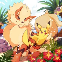 Rule 34 | :3, alolan exeggutor, alolan form, animal focus, arcanine, blue sky, blurry, blurry background, blurry foreground, blush stickers, bright pupils, brown eyes, closed mouth, cloud, confetti, creatures (company), day, dutch angle, eye contact, fangs, fangs out, flower, fluffy, full body, game freak, gen 1 pokemon, gen 7 pokemon, happy, highres, jumping, kechon-san, looking at another, looking to the side, neck fur, nintendo, no humans, open mouth, outdoors, outstretched arms, pikachu, pokemon, pokemon (creature), red flower, sky, smile, sparkle, standing, white pupils