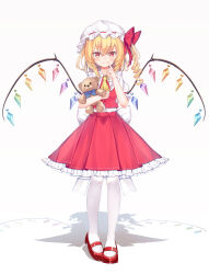 Rule 34 | absurdres, ascot, blake chun, blonde hair, bow, commentary, crystal wings, flandre scarlet, hat, highres, mob cap, pantyhose, petticoat, pleated skirt, red bow, red eyes, red shirt, red skirt, shadow, shirt, shoes, side ponytail, skirt, standing, stuffed animal, stuffed toy, symbol-only commentary, tachi-e, teddy bear, thighhighs, touhou, white background, white bow, white pantyhose, white thighhighs, wings, yellow ascot