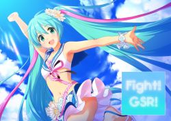 Rule 34 | 1girl, :d, annindoufu (oicon), aqua eyes, aqua hair, arm up, armpits, bare shoulders, bracelet, breasts, cloud, commentary request, cowboy shot, crop top, day, flower, goodsmile racing, hair flower, hair ornament, hatsune miku, headphones, jewelry, layered skirt, leg up, long hair, looking at viewer, medium breasts, midriff, miniskirt, navel, open mouth, outdoors, outstretched arm, racing miku, sailor collar, sandals, shirt, skirt, sky, sleeveless, sleeveless shirt, smile, solo, stomach, sunlight, twintails, very long hair, vocaloid, white flower, white shirt