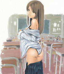 Rule 34 | 1girl, akitama, ass, bad id, bad pixiv id, bare shoulders, bra, breasts, brown eyes, brown hair, classroom, clothes pull, desk, from behind, lingerie, looking back, original, panties, school, school desk, shirt pull, skirt, skirt pull, smile, solo, standing, underwear, undressing