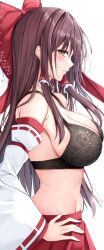 Rule 34 | 1girl, 7saki, black bra, bow, bra, breasts, brown hair, cleavage, commentary request, detached sleeves, from side, hair bow, hair tubes, hakurei reimu, highres, large breasts, long hair, looking at viewer, parted lips, red bow, red skirt, ribbon-trimmed sleeves, ribbon trim, sidelocks, simple background, skirt, solo, touhou, underwear, white background