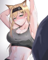 Rule 34 | 1girl, 1other, animal ears, arknights, black hairband, blonde hair, breasts, cleavage, commentary, crop top, gradient background, green eyes, grey background, hair between eyes, hairband, highres, horn (arknights), large breasts, long hair, looking at viewer, midriff, navel, singwee, solo focus, sports bra, stomach, upper body, white background, wolf ears