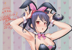 Rule 34 | 1girl, \m/, absurdres, alternate breast size, animal ears, armpits, black hair, bow, breasts, rabbit ears, collarbone, dated, double \m/, fake animal ears, gxdy, hair bow, happy birthday, heart, highres, large breasts, love live!, love live! school idol project, nico nico nii, pink bow, red eyes, short hair, short twintails, solo, striped, striped background, twintails, upper body, yazawa nico
