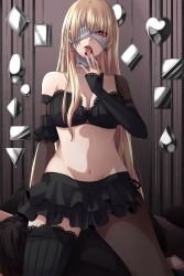 Rule 34 | 1girl, bad id, bad pixiv id, bandages, black thighhighs, blonde hair, earrings, finger to mouth, highres, jewelry, kneeling, long hair, midriff, nail polish, navel, original, red eyes, red nails, single thighhigh, skirt, solo, soudou, thighhighs