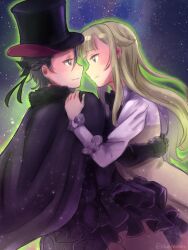 Rule 34 | 2girls, ange (princess principal), black dress, black hair, black headwear, black ribbon, blonde hair, blue eyes, cloak, dress, frilled dress, frilled sleeves, frills, hair ribbon, hand on another&#039;s back, hand on another&#039;s shoulder, hat, highres, imminent kiss, long hair, long sleeves, looking at another, multicolored clothes, multicolored dress, multiple girls, princess (princess principal), princess principal, ribbon, short hair, smile, star (symbol), starry background, top hat, wavy hair, xin (blueramen), yuri