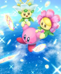 Rule 34 | :d, arms up, aruco co, blue eyes, blue sky, blush, blush stickers, brown eyes, carrying, closed mouth, cloud, commentary request, day, falling petals, flying, full body, highres, jewelry, kirby, kirby: triple deluxe, kirby (series), necklace, nintendo, ocean, open mouth, outdoors, people of the sky, petals, sky, smile, sparkle, water