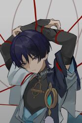 Rule 34 | 1boy, arms up, artist name, black hair, black shirt, blue cape, blunt ends, bound, bound arms, bridal gauntlets, cape, choppy bangs, closed mouth, commentary request, eyeshadow, frown, genshin impact, grey background, hair between eyes, highres, jacket, looking at viewer, makeup, male focus, okkobc, open clothes, open jacket, pom pom (clothes), purple eyes, red eyeshadow, red ribbon, ribbon, scaramouche (genshin impact), shirt, short hair, short sleeves, simple background, sleeveless, sleeveless shirt, solo, twitter username, upper body, v-shaped eyebrows, vision (genshin impact), wanderer (genshin impact), white jacket