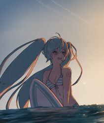 Rule 34 | 1girl, aqua eyes, aqua hair, bare shoulders, bikini, bikini top only, breasts, cillia, earrings, front-tie top, hatsune miku, highres, jewelry, long hair, navel, ocean, open mouth, small breasts, smile, solo, striped bikini, striped clothes, summer, sunset, surfboard, swimsuit, twintails, very long hair, vocaloid, water