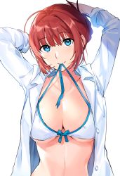 Rule 34 | 1girl, ahoge, arms up, bikini, blue eyes, breasts, cleavage, coat, collarbone, commentary request, copyright request, front-tie bikini top, front-tie top, halterneck, large breasts, long hair, looking at viewer, mouth hold, official art, open clothes, open coat, red hair, simple background, smile, solo, stomach, swimsuit, tan (tangent), untied bikini, upper body, white background, white bikini, white coat, wing collar