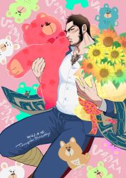 Rule 34 | 1boy, ainu clothes, bara, beard, black hair, blue pants, blush, bouquet, brown eyes, buzz cut, doll, facial hair, feet out of frame, flower, gaiters, golden kamuy, hairy, happy birthday, highres, holding, holding bouquet, holding doll, kamureon, long sideburns, looking at viewer, pectoral cleavage, male focus, mature male, muscular, muscular male, pants, partially unbuttoned, pectorals, short hair, sideburns, solo, stubble, stuffed animal, stuffed toy, sunflower, tanigaki genjirou, teddy bear, thick eyebrows, thick thighs, thighs, very short hair
