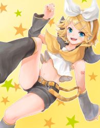 Rule 34 | 1girl, :d, arm tattoo, bare shoulders, belt, black shorts, black sleeves, blonde hair, blue eyes, blush, bow, commentary request, crop top, detached sleeves, hair bow, hair ornament, hairclip, hand up, headset, highres, kagamine rin, leg warmers, looking at viewer, midriff, nail polish, navel, number tattoo, open mouth, sailor collar, shirt, short hair, short shorts, shorts, sidelocks, sleeveless, sleeveless shirt, smile, solo, star (symbol), starry background, swept bangs, tattoo, teeth, upper teeth only, vocaloid, white shirt, yellow background, yellow belt, yellow nails, yellow neckwear, yoshiki1020