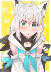 Rule 34 | 1girl, absurdres, ahoge, animal ear fluff, animal ears, blue eyes, blue neckerchief, blush, braid, breasts, collarbone, detached sleeves, earrings, fox ears, fox girl, fox tail, hair between eyes, highres, hololive, jewelry, leaning forward, long hair, looking at viewer, medium breasts, neckerchief, open mouth, paw print, paw print background, shirakami fubuki, shirakami fubuki (1st costume), simple background, single earring, solo, tail, tonarikeru, upper body, virtual youtuber, white hair, yellow background