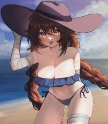 Rule 34 | 1girl, absurdres, arm behind back, bandaged arm, bandaged leg, bandages, bare shoulders, beach, bikini, blue bikini, blurry, blurry background, blush, braid, breasts, brown hair, cleavage, collarbone, frilled bikini, frills, hair between eyes, hanging breasts, hat, highres, holding, holding clothes, holding hat, large breasts, leaning forward, long hair, looking at viewer, navel, ocean, original, side-tie bikini bottom, sky, sky above me, solo, strapless, swimsuit, tongue, tongue out, tube top, twin braids, very long hair, yellow eyes