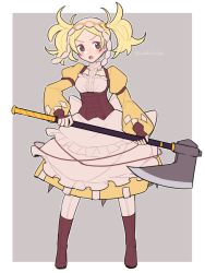 Rule 34 | 1girl, apron, axe, battle axe, blonde hair, blush, boots, breasts, brown footwear, brown gloves, center frills, corset, do m kaeru, dress, fingerless gloves, fire emblem, fire emblem awakening, fire emblem warriors, forehead, frilled apron, frills, full body, gloves, grey eyes, headdress, holding, holding axe, holding weapon, juliet sleeves, lissa (fire emblem), long hair, long sleeves, looking at viewer, nintendo, open mouth, puffy sleeves, small breasts, solo, tongue, twintails, twitter username, underbust, waist apron, weapon, white apron, white legwear, wide sleeves, yellow dress