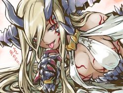 Rule 34 | 1girl, bare shoulders, blonde hair, bodypaint, breasts, claws, cleavage, dark skin, dark-skinned female, dragon girl, dragon horns, facial mark, heterochromia, horns, ishiyumi, long hair, purple eyes, puzzle &amp; dragons, scales, smile, solo, sonia gran, tongue, tongue out, yellow eyes