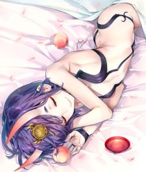 Rule 34 | 1girl, ass, bare shoulders, bed sheet, blush, bob cut, breasts, butt crack, closed eyes, cup, eyeliner, fate/grand order, fate (series), food, fruit, hair ornament, horns, kaguyuzu, lying, makeup, on side, oni, peach, purple eyes, purple hair, revealing clothes, sakazuki, short eyebrows, short hair, shuten douji (fate), signature, skin-covered horns, sleeping, small breasts, smile, solo