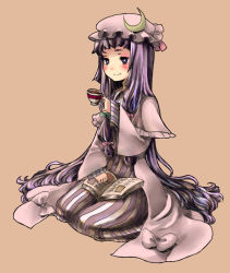 Rule 34 | 1girl, blush, book, collared shirt, dress, female focus, full body, hat, long hair, mob cap, patchouli knowledge, purple hair, ribbon, shirt, simple background, sitting, solo, striped clothes, striped dress, takanashi minato, tea, thick eyebrows, touhou, very long hair