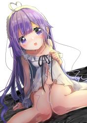 Rule 34 | 1girl, ahoge, arm support, azur lane, bare shoulders, black ribbon, blush, collarbone, commentary request, dress, dutch angle, hand up, heart, heart-shaped pupils, heart ahoge, highres, long hair, looking at viewer, neck ribbon, no panties, off shoulder, open mouth, purple eyes, purple hair, ribbon, sawa (sawasaku), sitting, sleeveless, sleeveless dress, solo, symbol-shaped pupils, teeth, unicorn (azur lane), upper teeth only, very long hair, wariza, white background, white dress