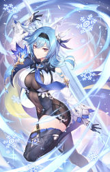 Rule 34 | 1girl, absurdres, arm up, asymmetrical hair, black hairband, blue hair, blue necktie, breasts, closed mouth, covered navel, crystal sword, eula (genshin impact), floating, floating hair, floating object, floating sword, floating weapon, genshin impact, gloves, hair ornament, hairband, highres, ice, large breasts, leotard, medium hair, nasaniliu, necktie, open hands, revision, snowflakes, solo, sword, thighhighs, thighs, vision (genshin impact), weapon, wind, yellow eyes