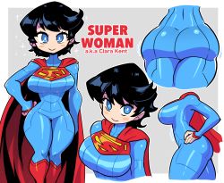 Rule 34 | 1girl, ass, black hair, blue bodysuit, blue eyes, bodysuit, breasts, bright pupils, cape, character name, closed mouth, curvy, dc comics, from side, genderswap, genderswap (mtf), hand on own hip, highres, large breasts, looking at viewer, multiple views, narrow waist, rariatto (ganguri), red cape, redrawn, short hair, smile, superhero costume, superman, superman (series), superwoman, thighs, white pupils