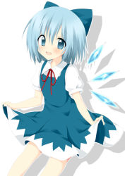 Rule 34 | 1girl, bad id, bad pixiv id, blue dress, blue eyes, blue hair, blue skirt, blush, bow, cirno, curtsey, dress, drop shadow, fang, hair bow, looking at viewer, matching hair/eyes, oniku (shimofuri-ke), open mouth, puffy sleeves, shadow, shirt, short hair, short sleeves, simple background, skirt, smile, solo, touhou, white background, wings