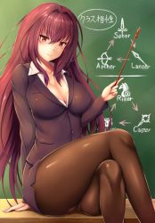 Rule 34 | 1girl, alternate costume, arrow (symbol), black pantyhose, blush, breasts, chalkboard, cleavage, commentary request, crossed legs, fate/grand order, fate (series), gae bolg (fate), gameplay mechanics, hair intakes, large breasts, long hair, looking at viewer, pantyhose, pointer, purple hair, red eyes, scathach (fate), sitting, smile, solo, teacher, thighs, translated, zukky