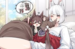 Rule 34 | 3girls, = =, ?, absurdres, akagi-chan (azur lane), akagi (azur lane), amagi-chan (azur lane), amagi (azur lane), animal ear fluff, animal ears, arms up, azur lane, bell, between breasts, black kimono, blue eyes, blue sky, blunt bangs, blush, breasts, brown hair, cloud, cloudy sky, commentary, dated commentary, excited, fox ears, fox girl, fox tail, hair bell, hair ornament, head between breasts, highres, indoors, japanese clothes, kaga (azur lane), kimono, kitsune, kyuubi, large breasts, long hair, motion lines, multiple girls, multiple tails, one eye closed, open mouth, pillow, print kimono, red kimono, samip, short hair, sidelocks, sky, sleepy, smile, sound effects, spoken object, tail, thighs, tree, twintails, white hair, white kimono, window