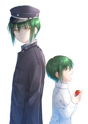Rule 34 | 2boys, ^ ^, absurdres, aged down, angel beats!, back-to-back, black headwear, black jacket, blush, child, closed eyes, commentary request, green hair, happy, hat, highres, jacket, looking back, multiple boys, multiple persona, naoi ayato, open mouth, peaked cap, profile, sad smile, school uniform, shirt, short hair, simple background, smile, upper body, white background, white shirt, zuzuhashi