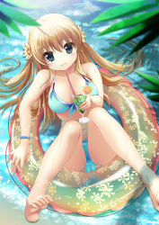 Rule 34 | 1girl, afloat, bad id, bad pixiv id, bare legs, bare shoulders, barefoot, bikini, blonde hair, blue bikini, blue eyes, blurry, blush, bracelet, breasts, cameltoe, cleft of venus, cocktail, depth of field, drink, drinking straw, fat mons, feet, flower, front-tie top, hair flower, hair ornament, innertube, jewelry, large breasts, light smile, long hair, looking at viewer, looking up, navel, original, partially submerged, shiramori yuse, solo, swim ring, swimsuit, water, wet