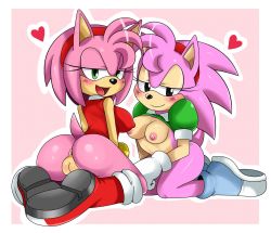 Rule 34 | 2girls, amy rose, anus, ass, blush, boots, bottomless, breasts, cleft of venus, eric lowery, fat mons, furry, heart, highres, large breasts, multiple girls, pink background, presenting, pussy, sega, simple background, sonic (series), sonic cd, sonic the hedgehog (classic), tail, take your pick, time paradox, yuri