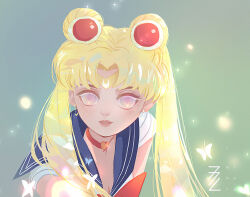 Rule 34 | 1girl, artist name, bishoujo senshi sailor moon, blonde hair, blue background, blue sailor collar, bow, bowtie, breasts, bug, butterfly, choker, circlet, cleavage, collared leotard, commentary, crescent, double bun, english commentary, eye glitter, gradient background, green background, hair bun, hair ornament, heart, heart choker, insect, leotard, light smile, long eyelashes, long hair, magical girl, medium breasts, meme, mina fz., outstretched arm, parted lips, pink lips, purple eyes, red bow, red bowtie, red choker, sailor collar, sailor moon, sailor moon redraw challenge (meme), short sleeves, solo, sparkle, straight-on, twintails, upper body, watermark, white leotard