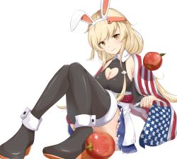 Rule 34 | 1girl, alternate breast size, american flag, animal ears, apple, azur lane, benson (azur lane), black thighhighs, breasts, brown eyes, cleavage, cleavage cutout, clothing cutout, commentary request, fake animal ears, food, fruit, hairband, highres, hoshimiya mashiro, light brown hair, long hair, looking at viewer, simple background, sitting, smile, solo, thigh strap, thighhighs, white background, zettai ryouiki