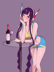 Rule 34 | 1girl, alcohol, bare arms, blue eyes, blunt bangs, blush, bottle, closed mouth, collarbone, commentary request, creatures (company), cup, drinking glass, elesa (pokemon), eyelashes, game freak, glass table, gym leader, head on hand, headphones, knees, leaning forward, long hair, looking at viewer, nintendo, nishikino kee, pokemon, pokemon bw2, purple background, purple hair, short hair with long locks, simple background, solo, table, very long hair, wine, wine bottle, wine glass
