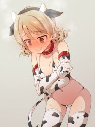 Rule 34 | 1girl, @ @, animal collar, animal ears, animal print, bare shoulders, belt collar, bikini, blush, breasts, brown eyes, cleavage, collar, commentary request, cow ears, cow horns, cow print, cow print bikini, cow tail, drill hair, ear blush, elbow gloves, embarrassed, fake animal ears, fake horns, full-face blush, gloves, grey background, hair between eyes, head steam, horns, idolmaster, idolmaster cinderella girls, light brown hair, morikubo nono, navel, print bikini, red collar, ringlets, simple background, skindentation, small breasts, solo, steam, string bikini, sweat, swimsuit, tail, uccow, wavy mouth